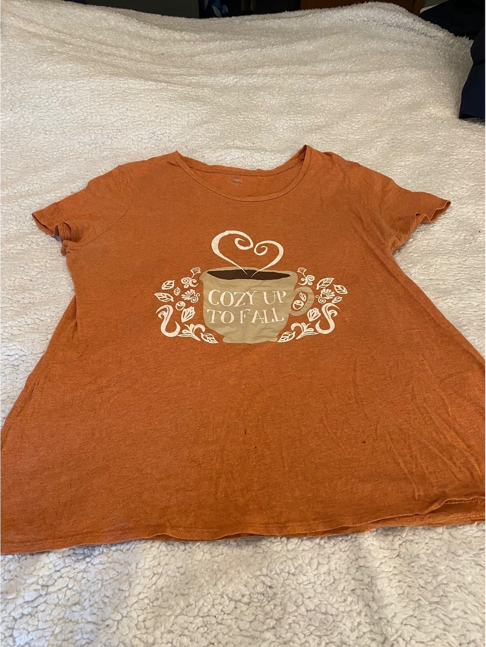 Cato Women’s XL Cozy Up To Fall Coffee Graphic Tee Rust Orange Modal Blend